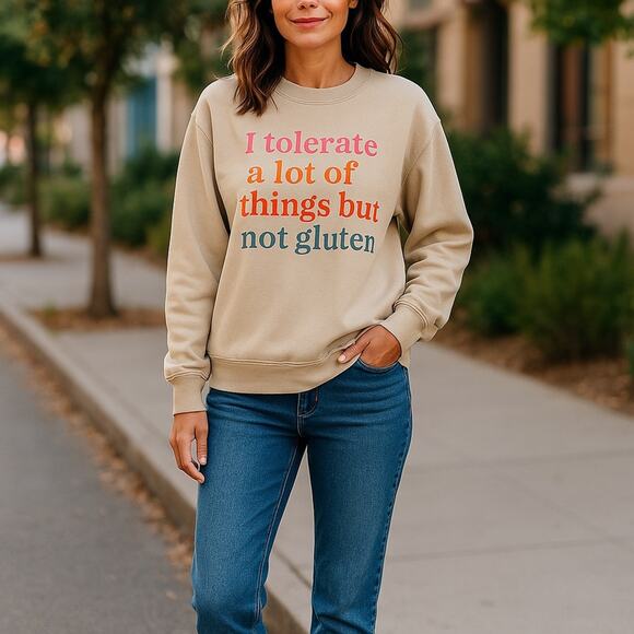 GLUTEN FREE Celiac funny graphic Beige Sweatshirt Size medium - Picture 9 of 9